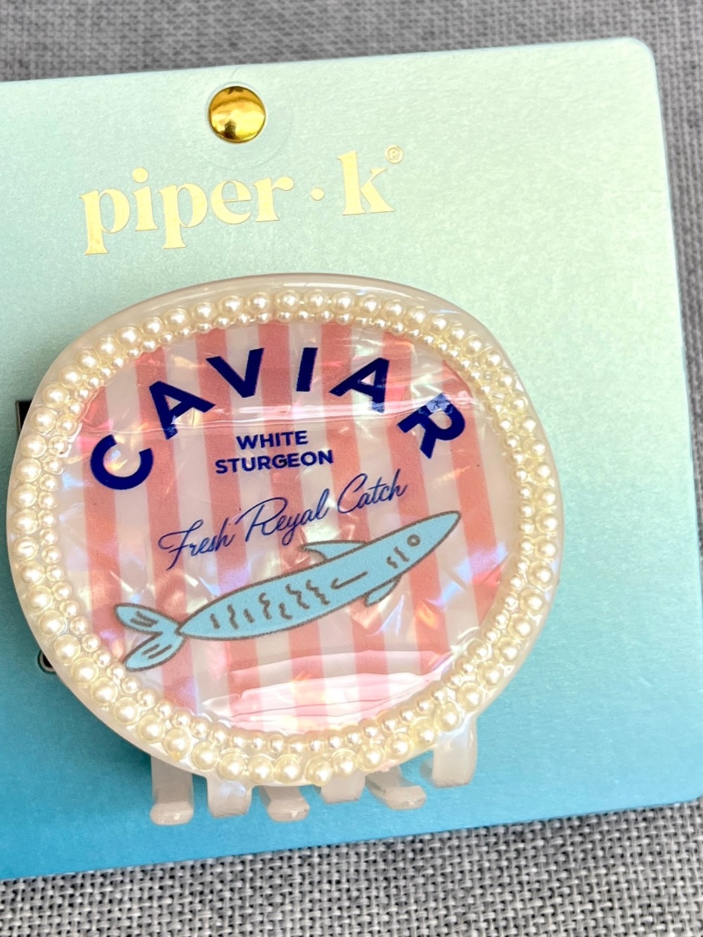 Piper K Novelty Caviar jar hair claw jaw clip cream pink blue pearls